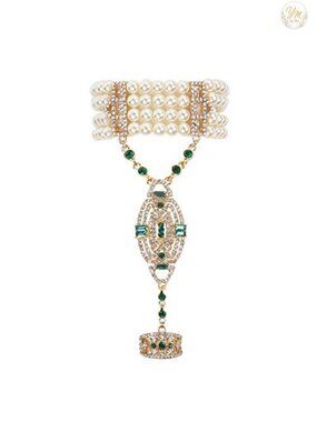Flapper Bracelet Ring Set Imitation Pearl Crystal Gatsby Jewelry